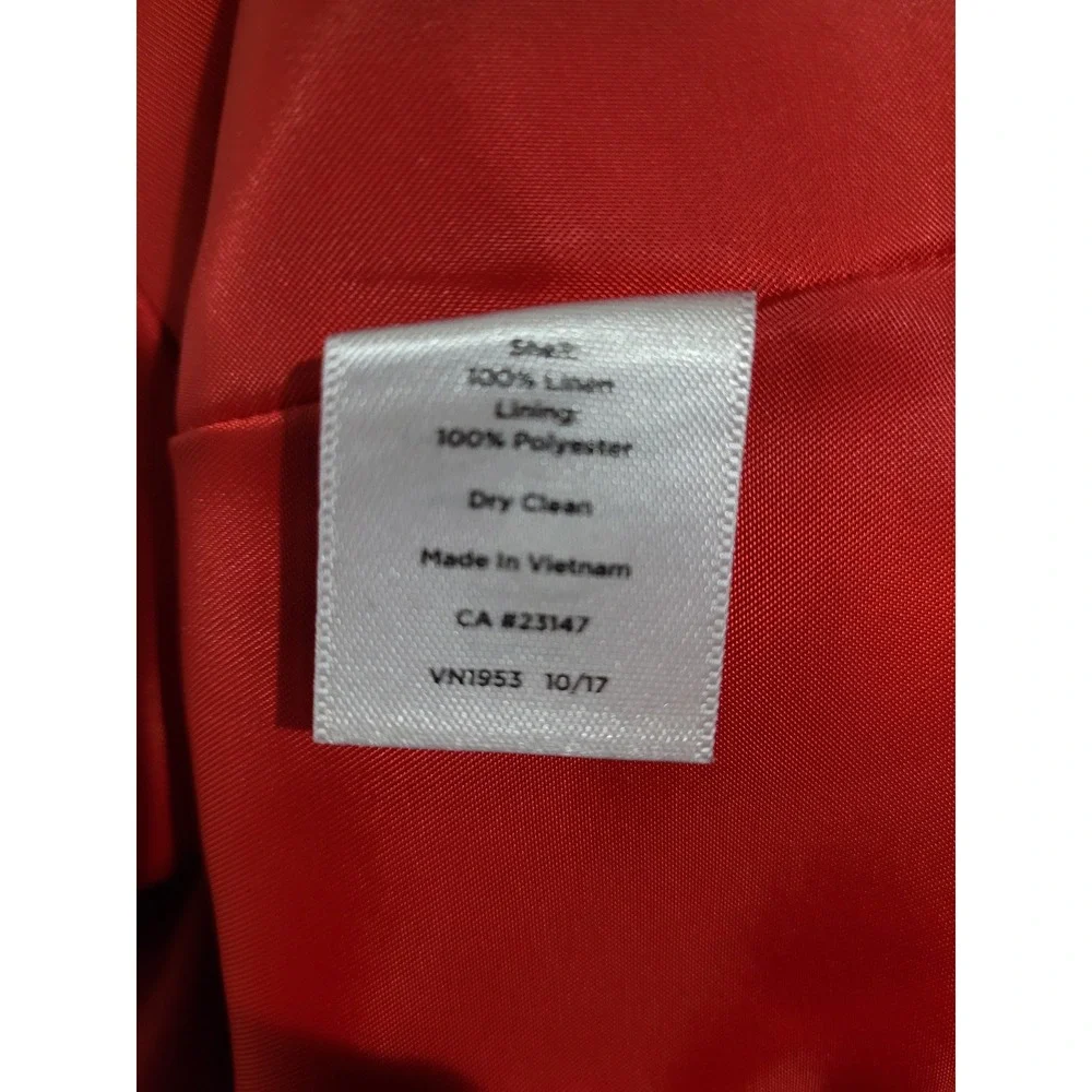 Talbots Blazer Women 14W Coral Red Good‎ 100% Linen Collarless Snap Front Jacket